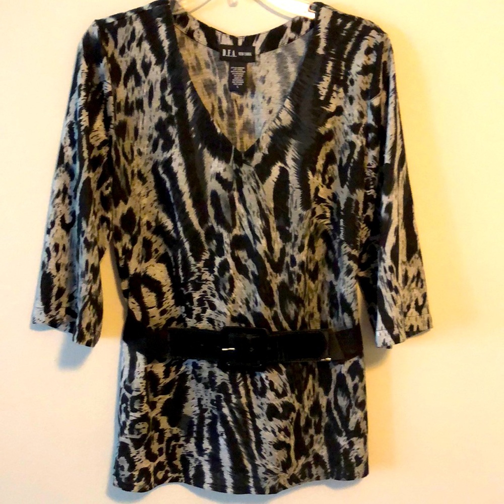 DFA New York Top Tunic Animal Print SZ L Gray Black